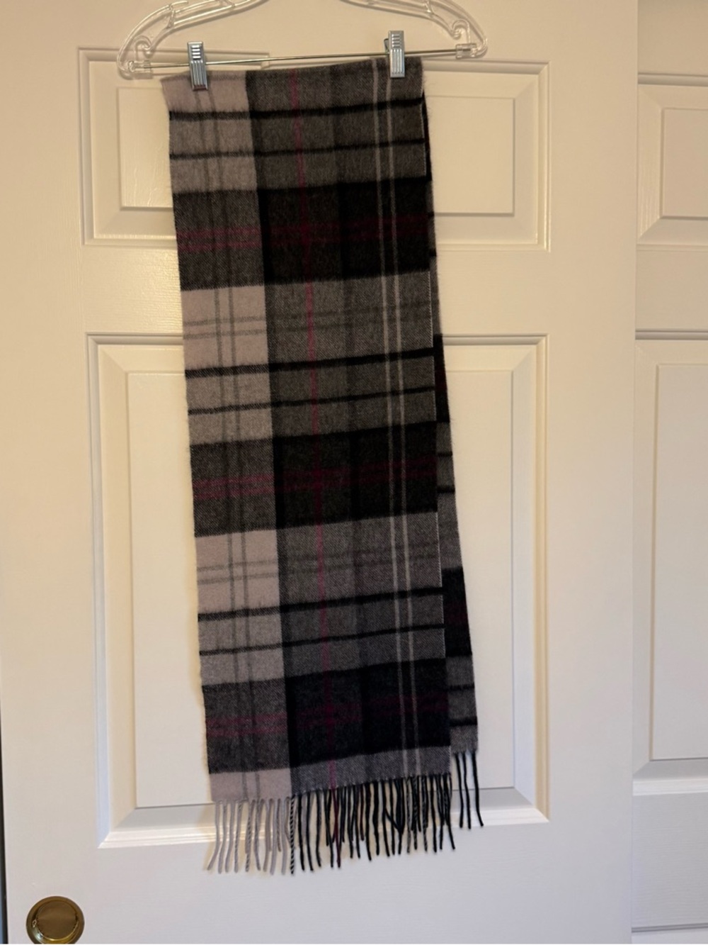 Club Room Gray and black Plaid Scarf with Subtle dark pink Stripes cashmere